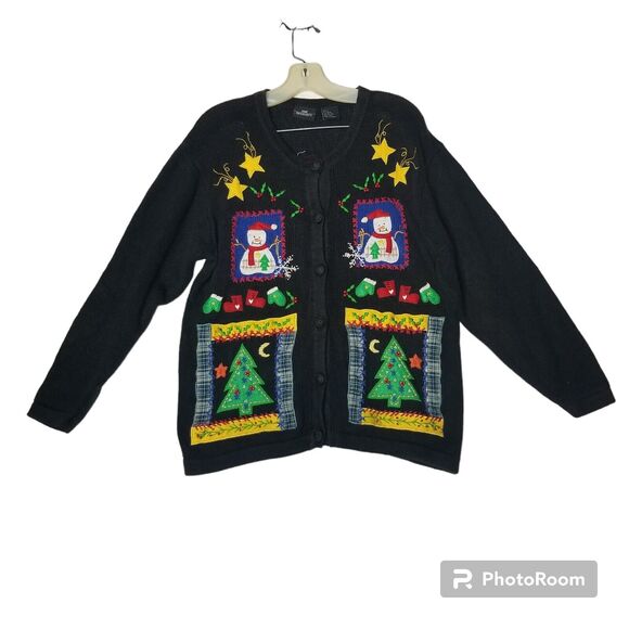One Resource Womens Ugly Christmas Tree Sweater Cardigan Snowman Large - Picture 9 of 9